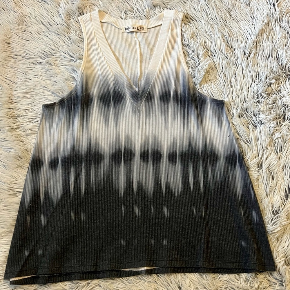 Fourteen & Ninth Grey Black White Tie Dye Deep V Neck Tank Top